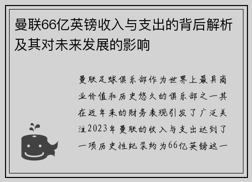 曼联66亿英镑收入与支出的背后解析及其对未来发展的影响